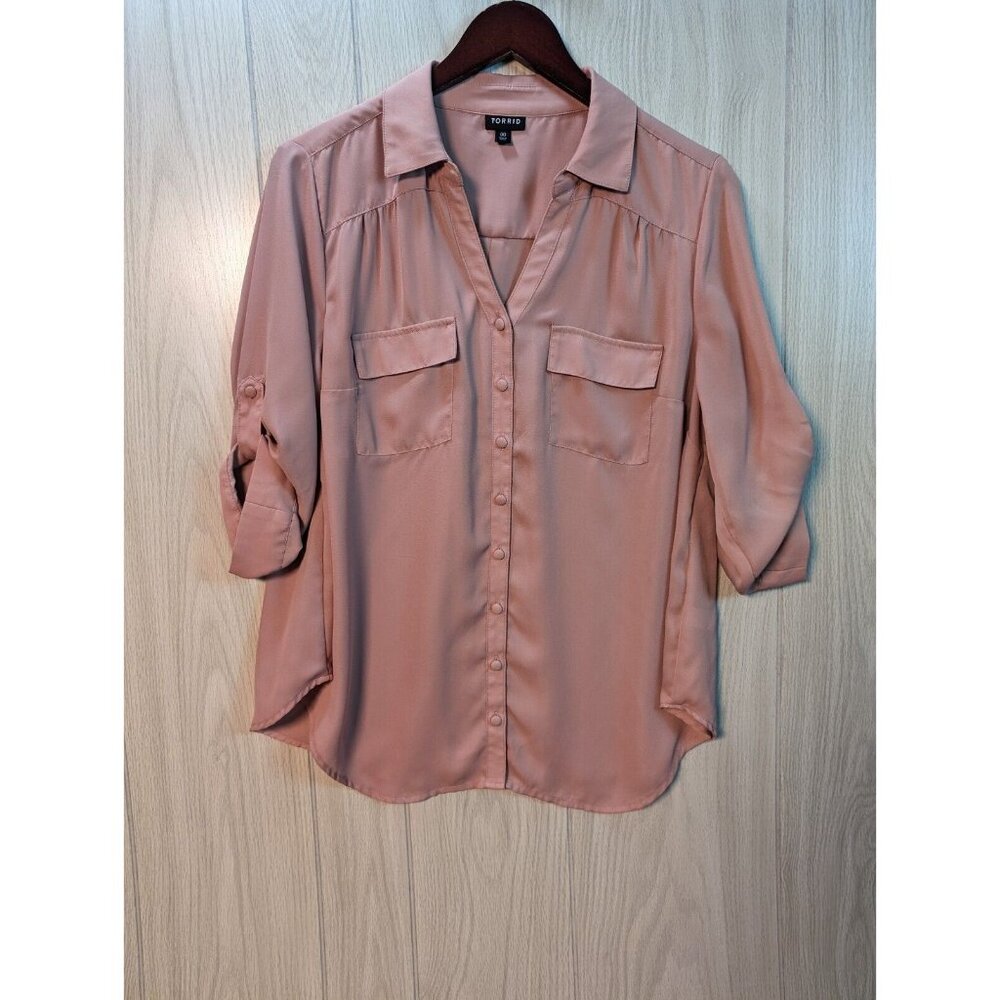 Torrid Womens Light Pink Georgette Collared Roll Tab 3/4 Sleeve Blouse Size 00X